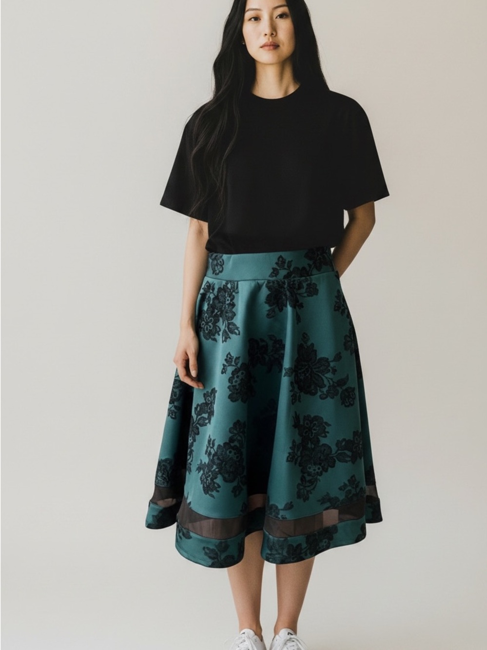 Faith and Joy Teal Floral Circle Skirt with Black Jacquard
